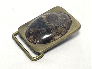 Vintage BTS Solid Brass Belt Buckle Brown Stone Cabochon Made USA 2" x 1.5" 79g